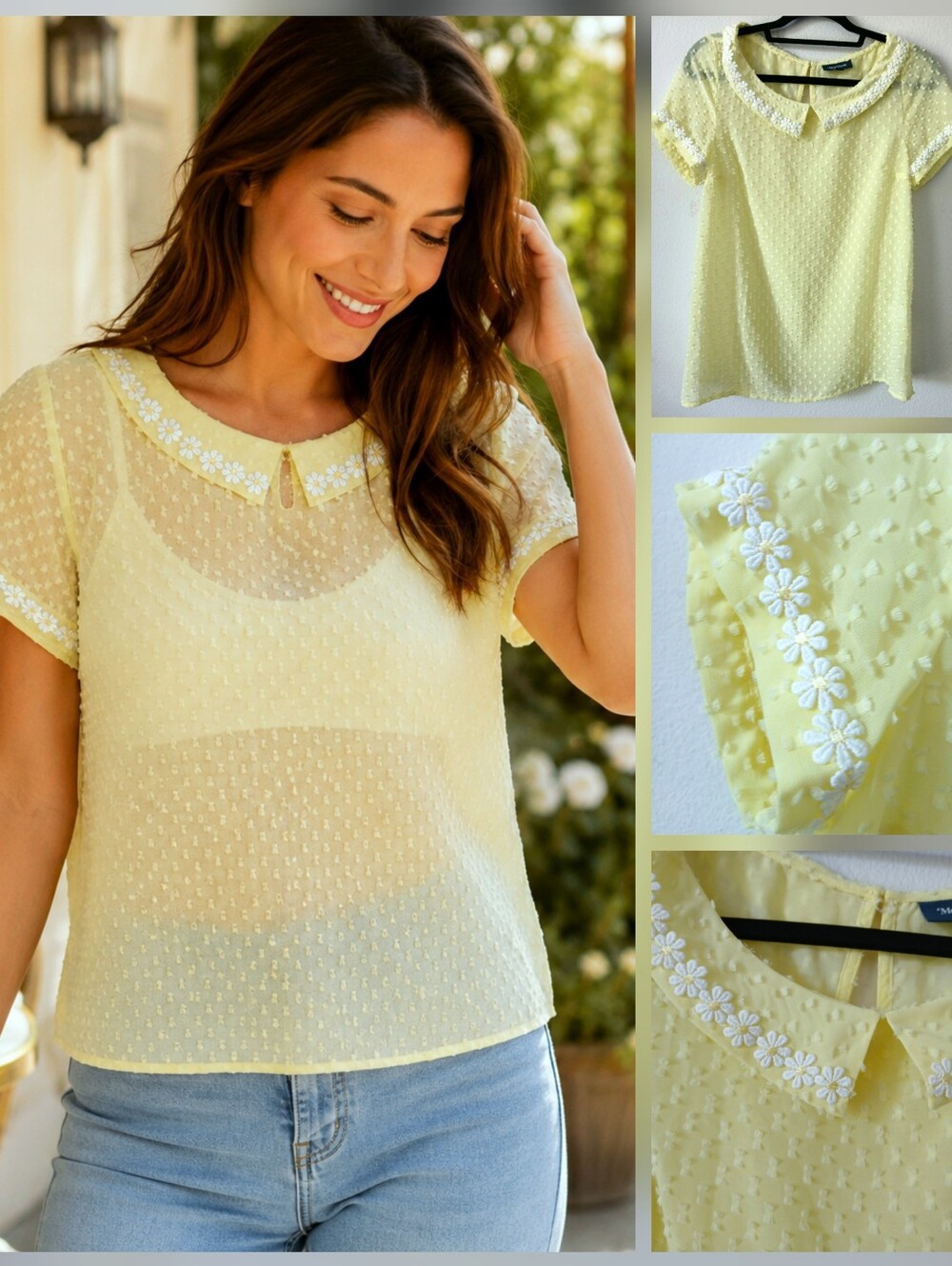 ModCloth Lemon Yellow DAISY Floral Swiss Dot Sheer BLOUSE Top Women's Size M